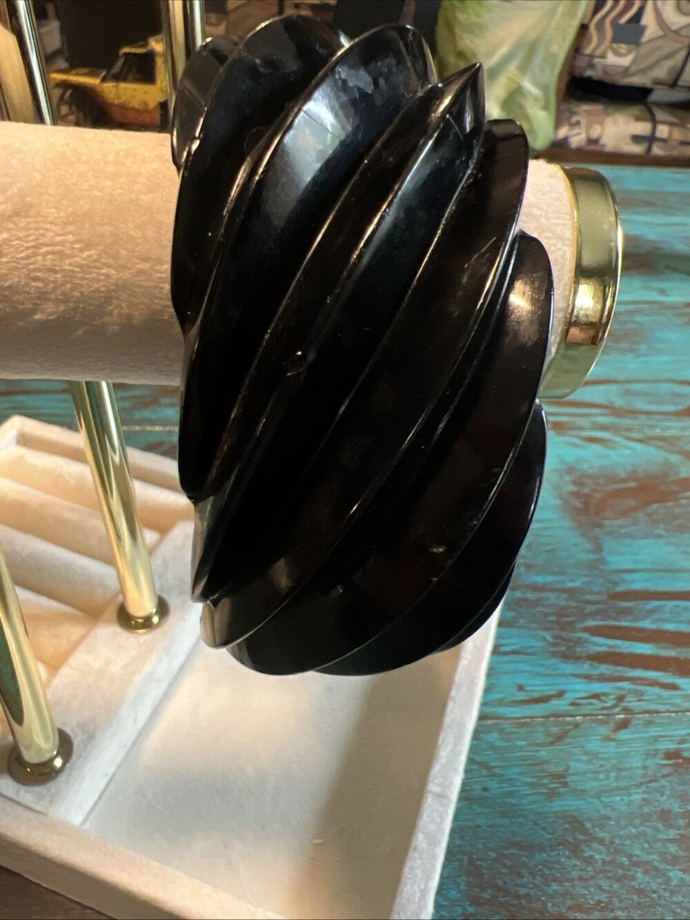 Deeply Molded Wide Lucite Black Bangle Bracelet Vintage 8” Read
